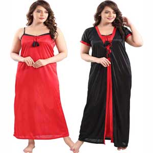 Satin Plain Full Length Women Robe Nighty Indian Style Long  2 part nighty Dress 3003