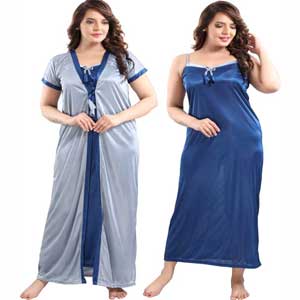 Satin Plain Full Length Women Robe Nighty Indian Style Long  2 part nighty Dress 3005
