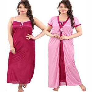 Satin Plain Full Length Women Robe Nighty Indian Style Long  2 part nighty Dress 3008